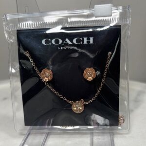 Coach Rose Gold Flower Necklace and Stud Earrings with Pink Crystal